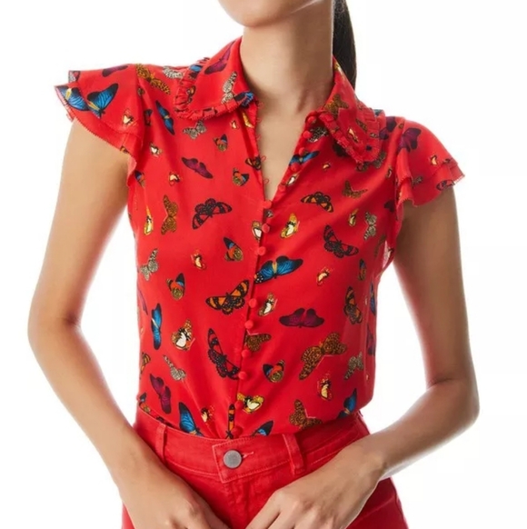 Alice + Olivia MartelRed 100% silk Butterfly print Blouse